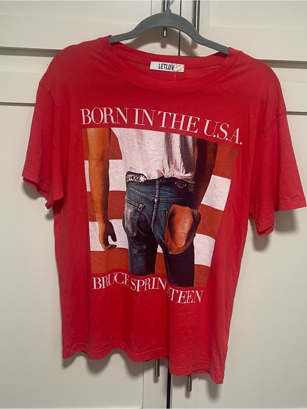 Flow!!! Anthropologie LETLUV Born In The USA Bruce Springsteen Red Tee Sz S